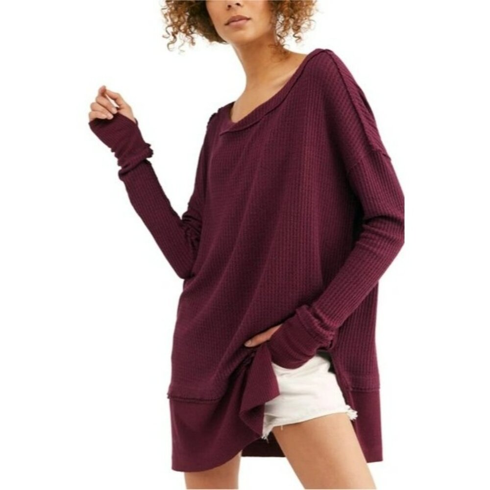 🟣🟣🟣 Free People North Shore Thermal Waffle Plum Pullover Sweater Size XS